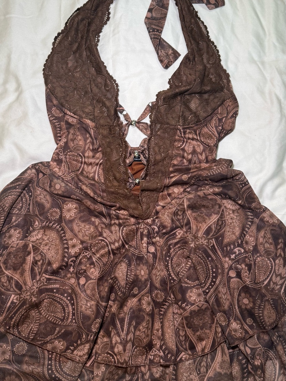 Brown Paisley Lace Halter Dress